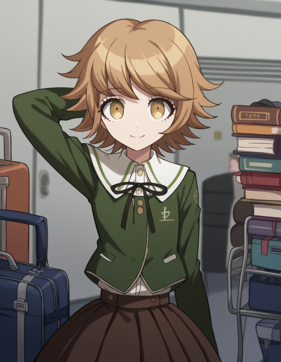 score_9, score_8_up, score_7_up, source_anime, <lora:chihiro-fujisaki-s1-ponyxl-lora-nochekaiser:1>, chihiro fujisaki, short hair, bangs, brown hair, brown eyes, male focus, otoko no ko,, skirt, shirt, long sleeves, ribbon, school uniform, jacket, pleated skirt, black ribbon, neck ribbon, brown skirt, green jacket,, airport, waiting area, suitcase, flight delayed, passengers, reading book, smile, , hand behind head, solo,, cowboy shot, dutch angle