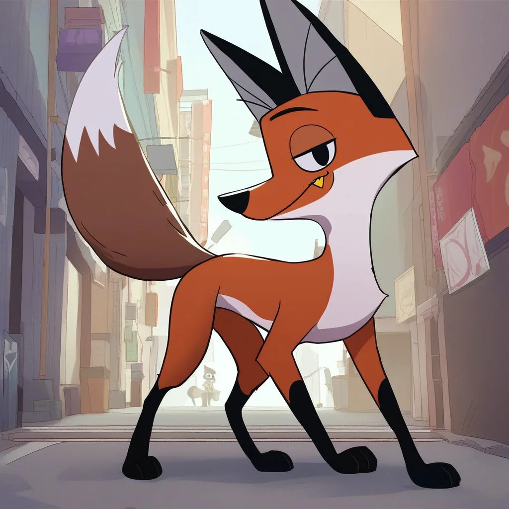 score_9, score_8_up, score_8, score_7, source_cartoon, source_furry, Solo, 1boy, feral, red fox, fox boy, red and white fur, puffy tail, black ears, black paws, black eyes, gold fang, slim body, full body, coy smile, standing, looking at viewer, alleyway setting, nighttime,
