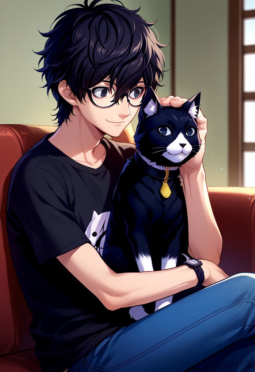 score_9, score_7_up, source_anime 

renpers, 1boy, male focus, solo, black eyes, black hair, hair between eyes, glasses, short hair, black shirt, t-shirt, wristwatch, jeans, morgana (cat), black cat, cat, animal, smile, 

indoor, sit, animal on lap. petting,