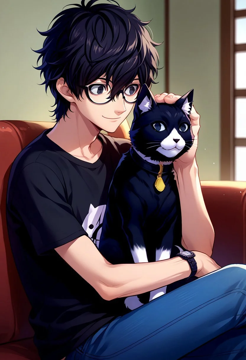 score_9, score_7_up, source_anime
renpers, 1boy, male focus, solo, black eyes, black hair, hair between eyes, glasses, short hair, black shirt, t-shirt, wristwatch, jeans, morgana (cat), black cat, cat, animal, smile,
indoor, sit, animal on lap. petting,
