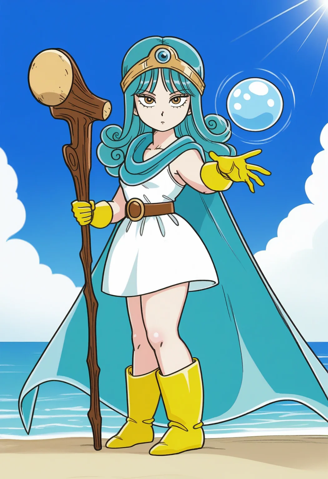 masterpiece, best quality, amazing quality, <lora:kr_sage_IL1.6:1>, kr_sage, 1girl, long hair, curly hair, aqua hair,
circlet, yellow gloves, white dress, brown belt, blue cape,
looking at viewer, holding staff, water ball, casting spell,
BREAK beach, sky, cloud, sunlight,