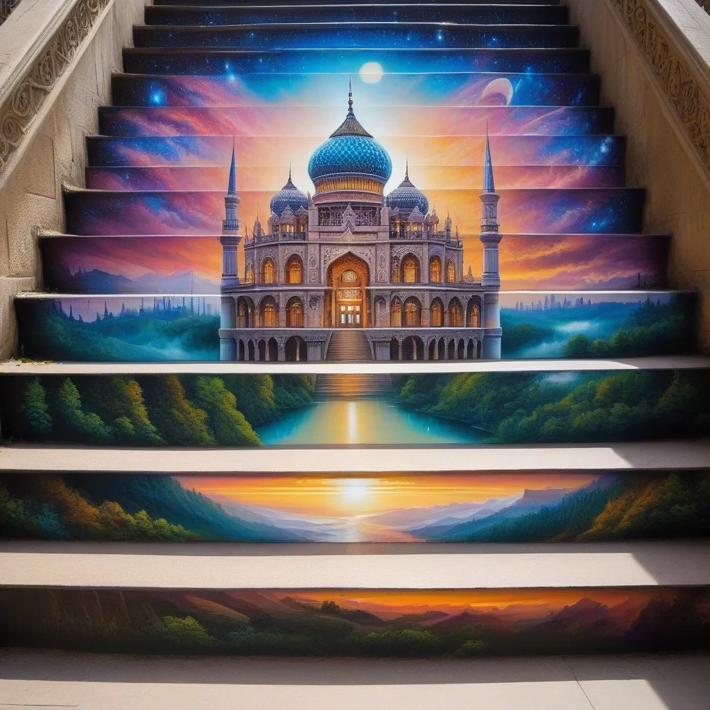 stairs art of a magnificent palace nestled amidst breathtaking scenic beauty, architectural grandeur, with its intricate details, majestic domes, and towering spires, stair-art, <lora:stair-art2:1>