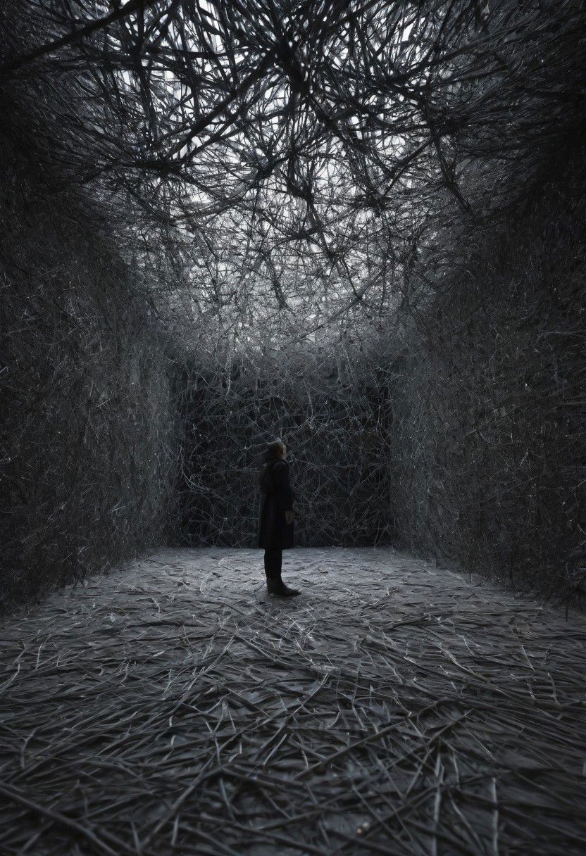 Chiharu Shiota,art installation, expressive, hyper detailed,intricate,poster,artstation, dark grey/black background, bright highlights and light source