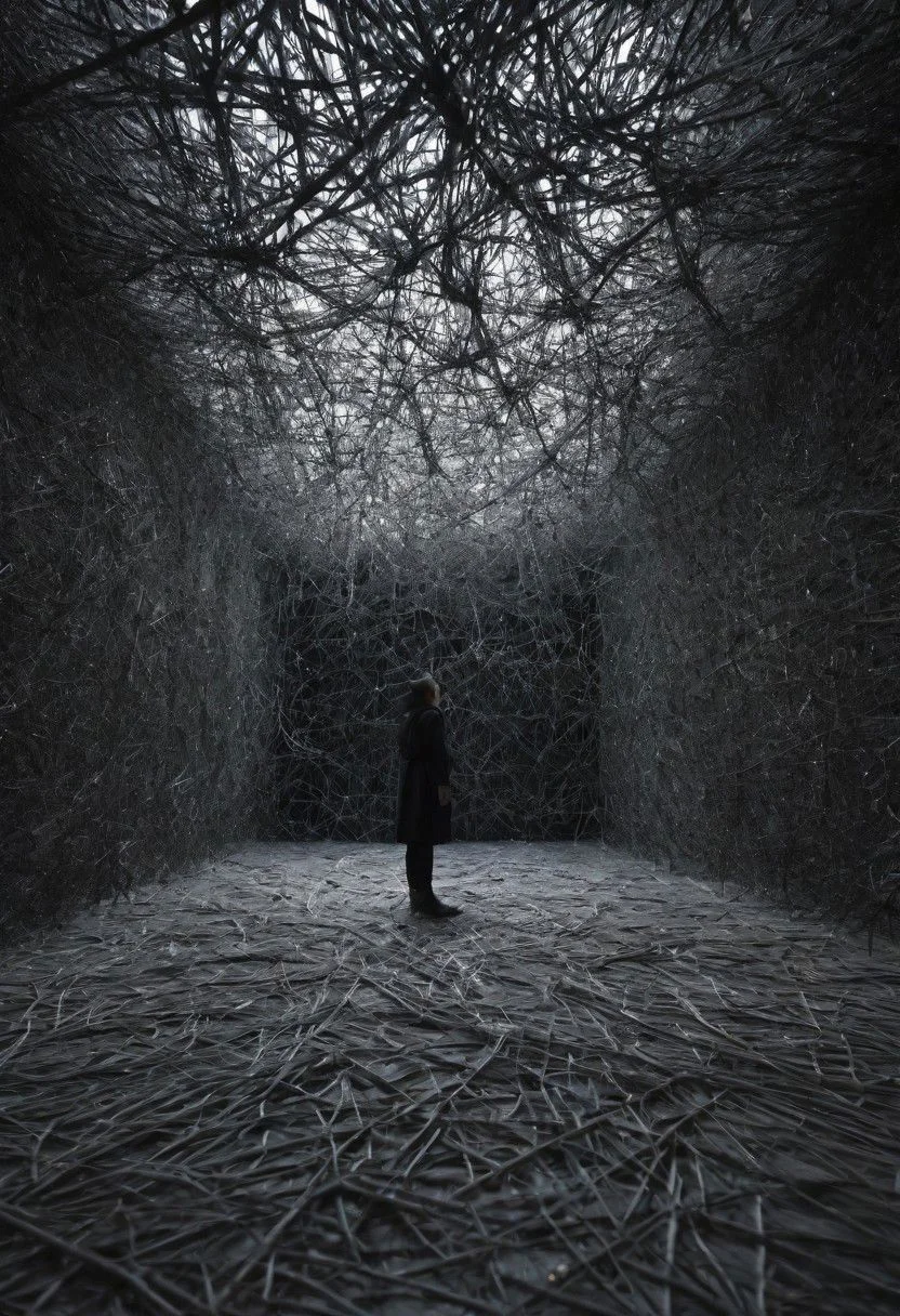 Chiharu Shiota,art installation, expressive, hyper detailed,intricate,poster,artstation, dark grey/black background, bright highlights and light source
