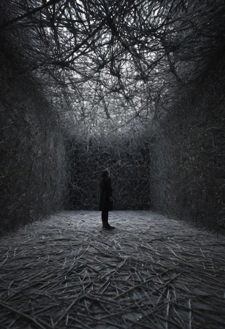Chiharu Shiota,art installation, expressive, hyper detailed,intricate,poster,artstation, dark grey/black background, bright highlights and light source