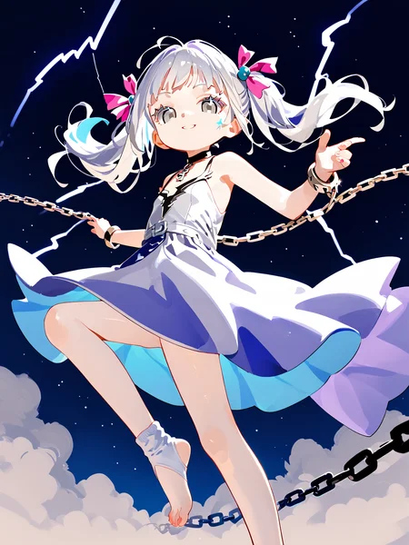 score_9,score_8_up,score_7_up,solo,(anime),(full body:0.9),from below,standing,pose,leg up,masterpiece,very aesthetic,seductive,looking at viewer,small breasts,aesthetic,pastel colors,outdoors,(fantasy),colored inner hair,absurdres,incredibly absurdres,pale skin,anime style,key visual,seductive,floating hair,choker,star \(symbol\),perfect legs,skin tight,close up,socks,little_girl,barefoot,petite,child,dynamic_angle,depth of field,long dress,beckoning,white hair,grey eyes,white dress,pyrokinesis,seductive_smile,<lora:jinshi_wuwa_pdxl_goofy:0.7>,<lora:fangdongye_v3.0:0.7>,twintails,very long hair,hair_bobbles,(detailed light), ((lightning in hand)),lightning surrounds,(((lightning chain))),(bare shoulders:1.2),