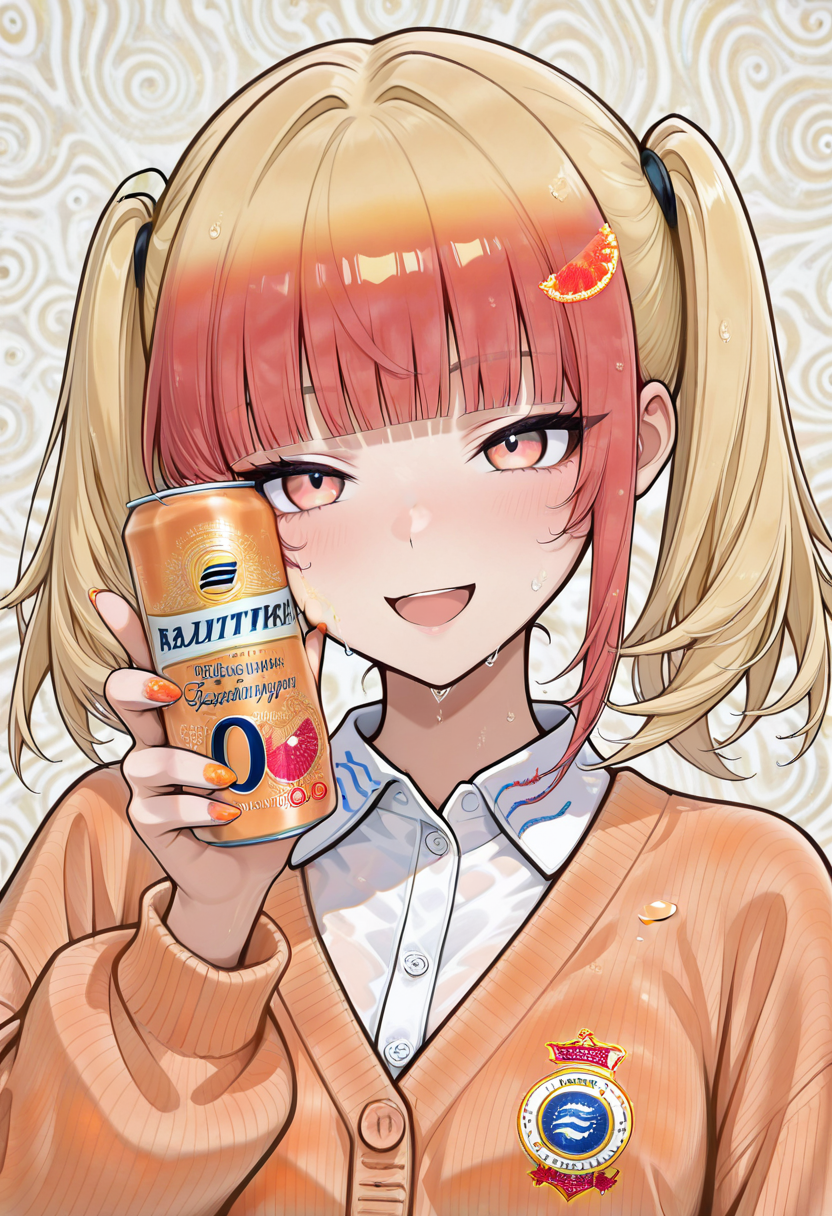 masterpiece, best quaility, graphic design, vibrant colors, b4lt1k40g, 1girl, solo, medium hair, twintails, blunt bangs, multicolored hair, gradient hair, red hair, yellow hair, hair ornament, pink eyes, collared white shirt, orange cardigan, nail polish, open mouth, happy, smile, holding orange beer can, pressing beer can to cheek, wet beer can, portrait, orange theme, abstract background,