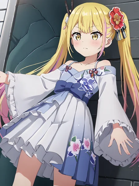 score_9, score_8_up, score_7_up, score_6_up, score_5_up, score_4_up, source_anime,,cinematic shadow, character focus, detailed skins,cowboy shot,,body blush,<lora:StS_PonyXL_Detail_Slider_v1.4_iteration_3:4>, <lora:Sara_Da_Odin__Henjin_no_Salad_Bowl__r2:1>,saraodin, multicolored hair, blonde hair, long hair, streaked hair, pink hair, twintails, hair ornament,hair flower,hair ribbon, bangs, yellow eyes,child,saradress, off-shoulder dress, collarbone,floral print, wide sleeves,ribbon, frilled dress,frills,blue pleated skirt,bow, japanese clothes,bow,high resolution, ultra detailed,8K,16K,32k,64k,128k,256k,ultra-detailed,best quality,