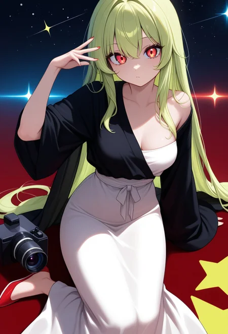 score_9, LimeChan, long dress, movie star, red carpet, posing, camera flash,