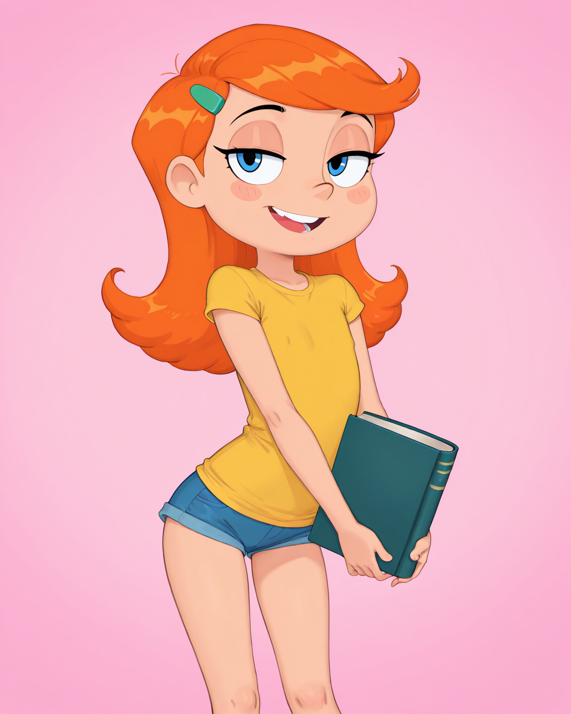 score_9, score_8_up, score_7_up, masterpiece, best quality, newest, absurdres, highres, amazing quality, colorful,
masterpiece, best quality, absurdres, newest, very aesthetic, amazing quality,highres,sensitive, absurdres, high resolution, ultra detailed, perfect details,
source_cartoon,   toon (style), (cartoon:1.0), source_carton:1.1, rating:suggestive, dynamic sexy pose, seductive, sultry,
detailed,detailed eyes,perfect eyes,detailed,detailed hands,perfect hands,detailed,detailed legs,perfect hands, 1girl, solo,
 <lora:Hoshime_Style_r2:0.6> , Hoshime_Style, petite,
<lora:Riley_Daring:0.8> , Riley_Daring, hair ornament, hairclip, blue eyes, yellow shirt, holding book, teeth, orange hair, smile, short sleeves, long hair, open mouth, pink background, upper body, flat chest, blush stickers