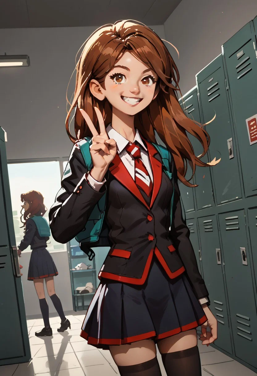 source_anime, anime_screencap, anime_coloring, score_9, score_9_up, score_8, score_8_up, score_7, score_7_up, score_6, score_6_up, highres, Rating_Safe, 
G2, 1girl, brown hair, long hair, dot eyes,
school uniform, jacket, necktie, skirt, socks, thighhighs, black shoes
smiling, grin, teeth, v, victory pose, locker room, indoors, grey walls, crowds, cowboy shot, dutch angle, solo