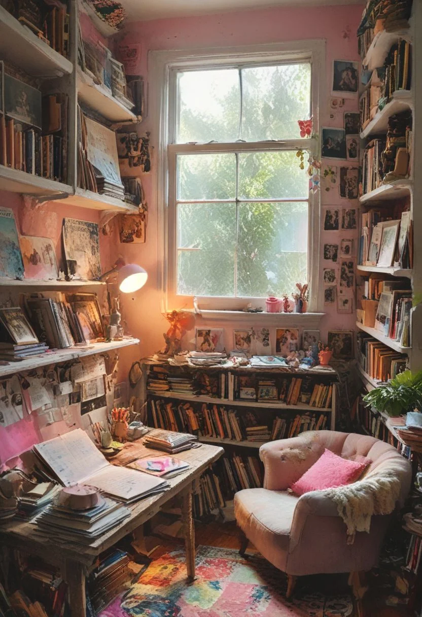 A cozy study room designed specifically for a teenage girl. The walls are painted a soft pink hue, accentuated by framed posters of favorite musicians, actors, and movie posters. A large window lets in ample natural light, casting a warm glow over the room. The study desk, adorned with a pretty pink lamp and a colorful mouse pad, is neatly arranged in the center of the room, surrounded by towering bookshelves filled with an eclectic mix of young adult fiction, classics, and non-fiction titles.