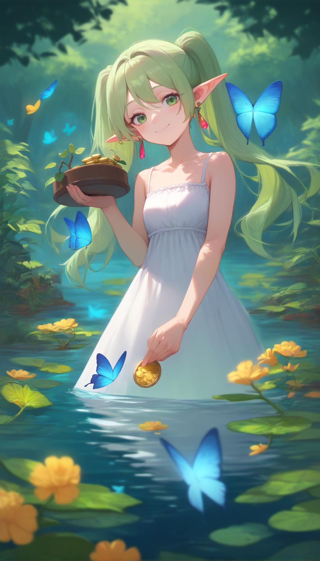 score_9, score_8_up, score_7_up, score_6_up, leprechaun,
four-leaf clover, pot of gold, holding pot, rainbow, gold coins,
nereirfpnxl, frieren, green hair, blue butterfly, butterfly, pointy ears, wading, plant, leaf, dress,  glowing butterfly, depth of field, rating:safe, green eyes, long hair, water, earrings, twintails, nature, tree, branch, bare shoulders, collarbone, jewelry, pond, outdoors, smile, bare arms, looking at viewer, white dress, from below
<lora:frieren_nereirfpnxl_pony:0.4>