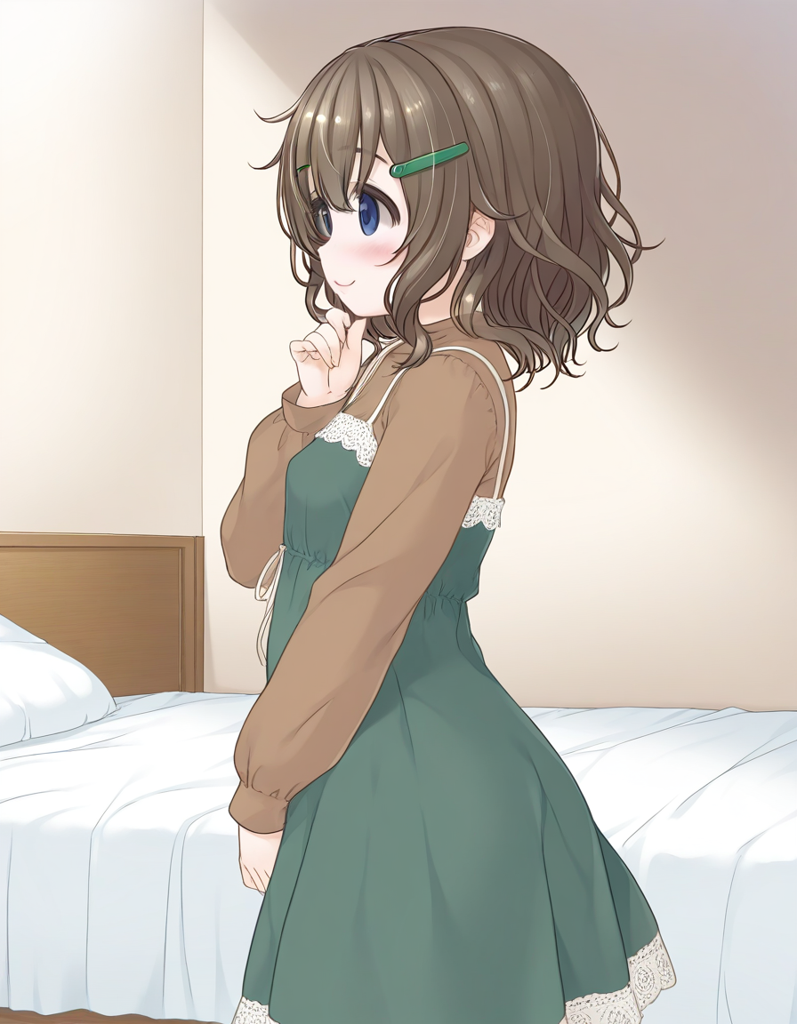 general,highres, ultra-detailed,very aesthetic,best quality ,best hands,  BREAK <lora:Fukami_Nonoka_IS:1> FukamiNonoka, 1girl,solo, bangs, medium hair, brown hair, hairclip, blue eyes, smile, open mouth,
solo, dress, blush, long sleeves,  closed mouth, shirt, looking away, green dress, from side, hair between eyes, sleeveless dress, 
hand up, sleeveless, brown shirt, profile, hand on own chin, cowboy shot, lace trim, lace-trimmed dress
bed room,