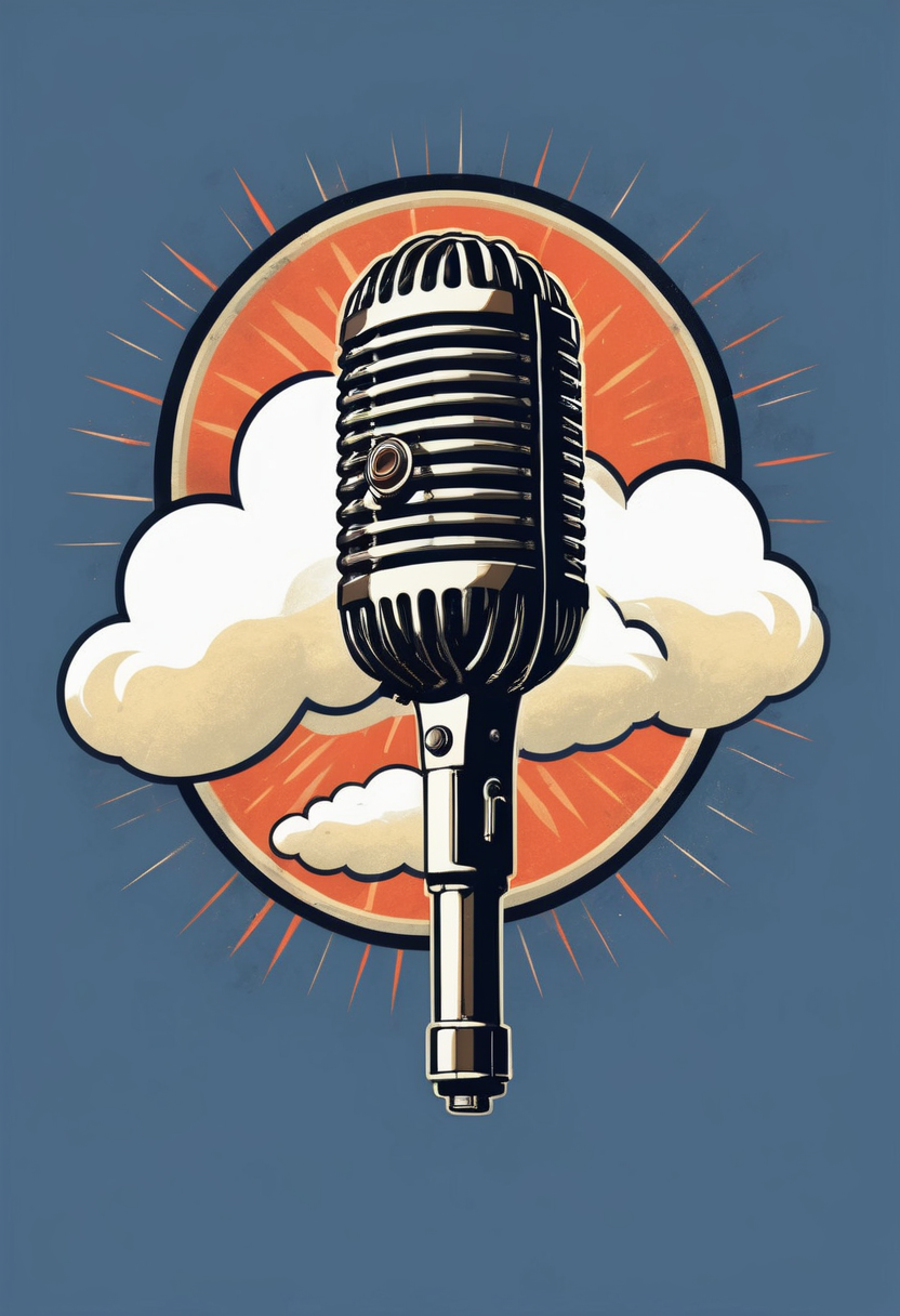 retro_tshirt,  a close up of a microphone with a cloud in the background, flat, frame,( square:1.1), (white outline:1.2) <lora:retro_tshirt:1>
