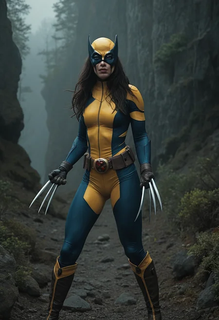 LraKinyX, long hair, mask, yellow helmet, blank eyes, bodysuit, gloves, belt, boots,weapon, claws, claw (weapon),cinematic,photorealistic,absurdres,4K,amazing color depth,vivid contrast,, masterpiece,