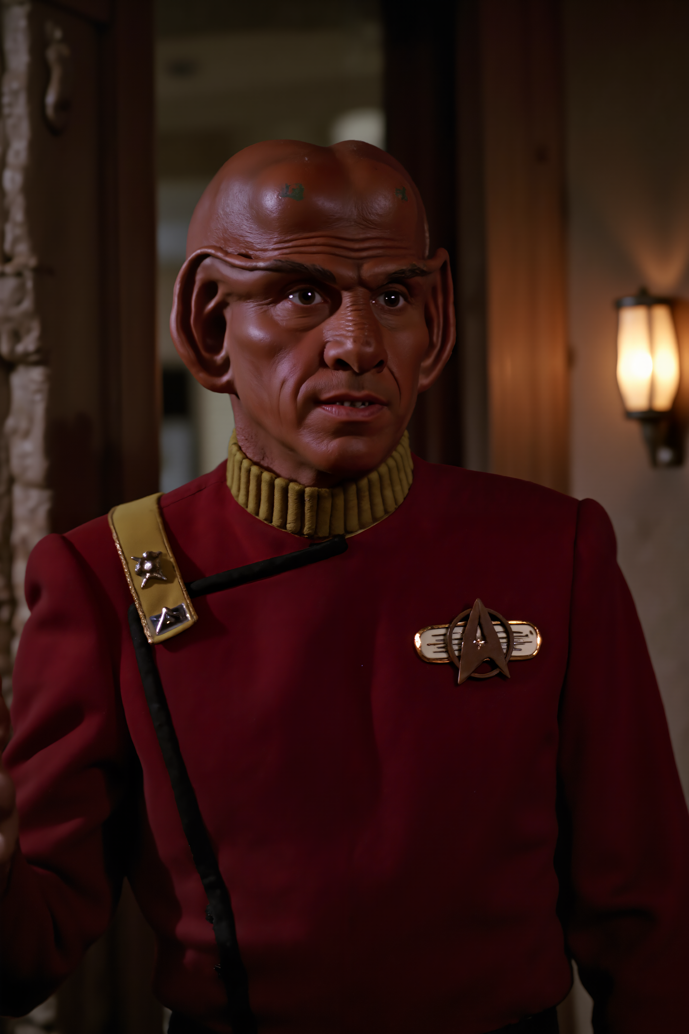 A bald ferengi man stands in the ancient temple wearing red TWOK uniform, dark mustard yellow collar (photography, high-resolution, dynamic, energetic,hyper-realistic, dramatic lighting, shallow depth of field.), detailmaximizer, MythP0rt<lora:aidmaMJ6.1-FLUX-V0.1:0.6><lora:Flux DetailerV2><lora:TWOK_FLUX:1.1><lora:ferengiV1_FLUX>