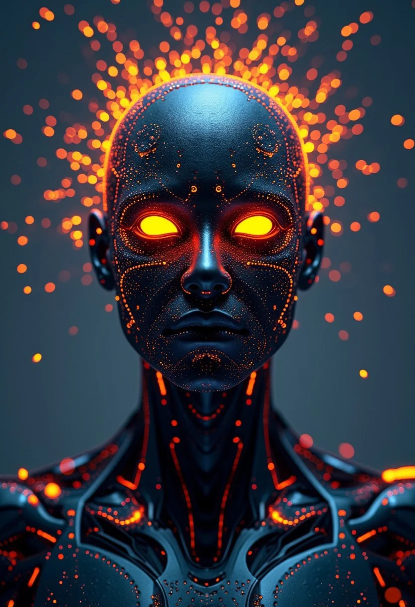 Design a 4k poster featuring a cyborg theme with a detailed front view headshot of a cyborg short-circuiting with sparks flying everywhere, --q 200 --glitch 500.