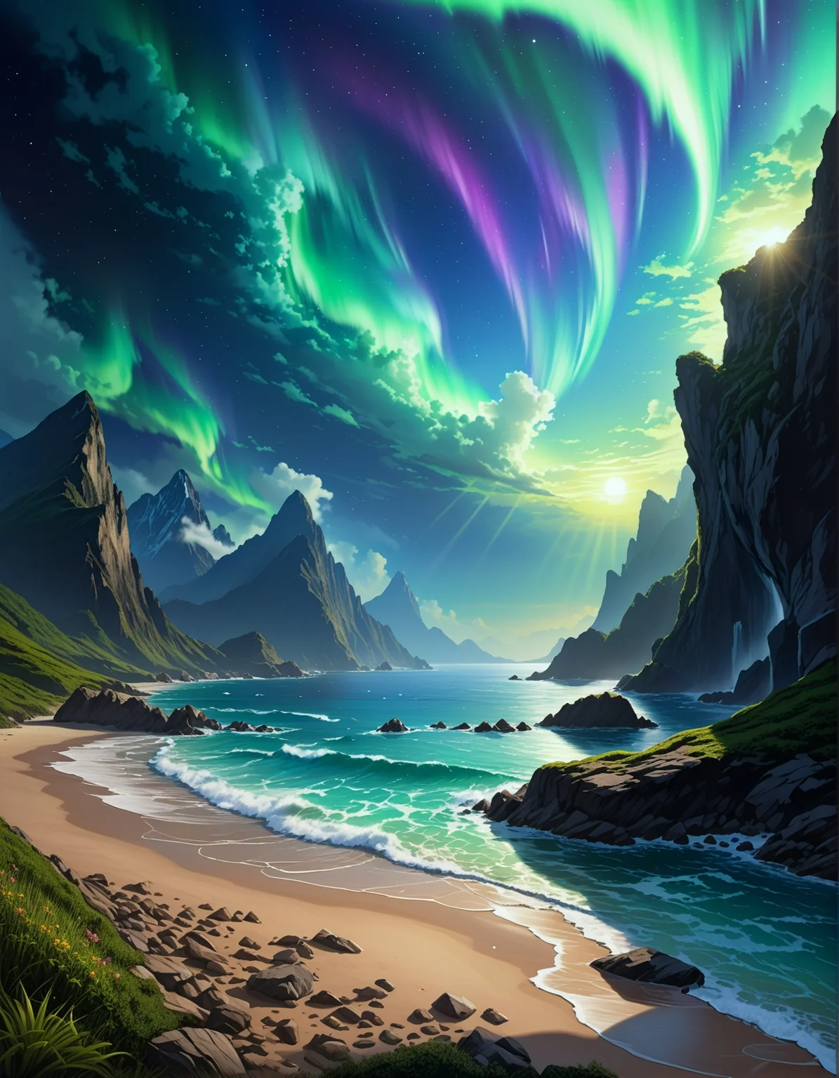 fantasy landscape:1.2
a cursed mountain, with dark clouds, eerie sounds, and a sense of dread,
treacherous waters and stormy seas, towering waves and crashing surf ,
Aurora borealis Weather,
Cavum holes in supercooled layers,
Bioluminescent plankton shoreline glow,
Dry season cracked earth patterns,
,
,
,
,
Craig Mullins: (bold brush strokes), (cinematic contrast), (sci-fi realism), (textured surfaces) :cite[2]
(masterpiece:1.4), (intricate details:1.4), (hyperrealistic:1.3),(painting:0.9),(ultra detailed:1.4), (8k resolution:1.3), (sharp focus), (dramatic perspective:1.1), (chromatic aberration:0.3), (film grain:0.2),
<lora:JuggerCineXL2:0.3>,
<lora:add-detail-xl:0.3>,
<lora:WildcardX-XL-Detail-Enhancer:0.4>,
<lora:xl_more_art-full_v1:0.7>,
<lora:ClassipeintXL2.1:0.3>,
<lora:Flux-XL_Scenery:0.3> flux-scenery ,
<lora:EnvyDramaticLightingXL01:0.7>
detailxl,