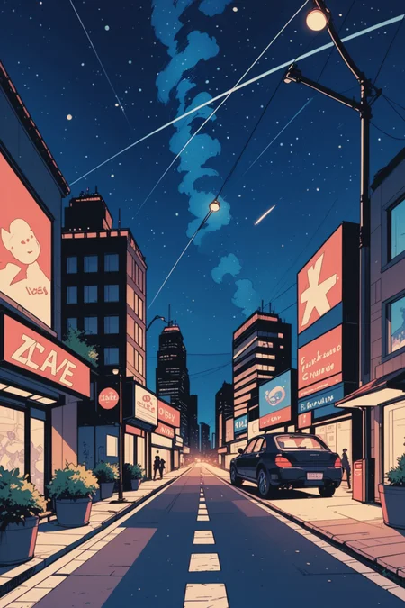 night, scenery, sky, city, real world location, building, lamppost, night sky, road, no humans, outdoors, street, tokyo \(city\), cityscape, sign, star \(sky\), pavement, city lights, starry sky, motor vehicle, a_Comic_Illustration, rough lines with ink, (drawn:1.1), (sketch:1.5), (crosshatching:1.25), (comic style:1.1), graphic novel style, sharp lines, hires, zstyle, (western comics \(style\):1.1), (hatching \(texture\):1.2), zPDXL, Mr_Monster_Possitive, <lora:Expressive_H:0.5>, score_9, score_8_up, score_8_up,