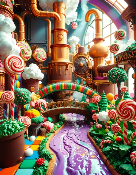 A whimsical and magical photo of Willy Wonkaâs Chocolate Factory. The scene captures the exterior of the factory, featuring a towering, fantastical building with colorful, crooked chimneys puffing out clouds of candy-scented steam. The walls are made of vibrant bricks in shades of purple, gold, and red, with intricate candy-inspired patterns carved into the structure. A large, ornate gate made of swirling lollipop shapes stands at the front, with the name "Willy Wonka" emblazoned in gold letters. Surrounding the factory is a lush, surreal landscape filled with oversized candy canes, gumdrop bushes, chocolate rivers, and trees made of cotton candy. The sky is bright and cheerful, with fluffy clouds that resemble whipped cream. The entire setting feels magical, playful, and inviting, full of bright, saturated colors and incredible, dreamlike details that spark the imagination.
<lora:SDXLFaeTastic2400:0.4> <lora:extremely_detailed:0.4> extremely detailed, <lora:Willy_W0nk4_chocolate_f4ct0ry:1>,Willy W0nk4 chocolate f4ct0ry, Masterpiece,best quality,hi res,8k,hi res,8k,award winning,(sharp focus, intricate, highly detailed),