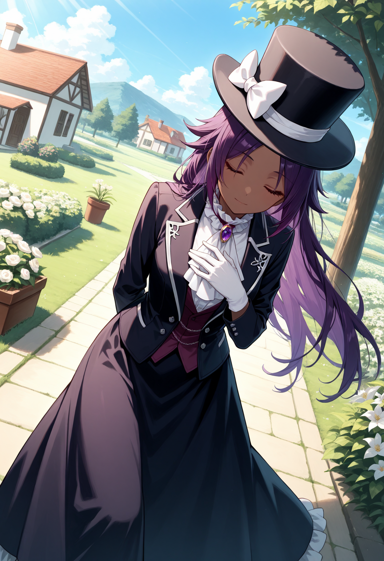 masterpiece, best quality, 1girl, solo, dark-skinned female, dark skin, purple hair, long hair, parted bangs, kodona, collared shirt, hat bow, frills, long sleeves, top hat, jacket, dress, outdoors, garden, sunlight, day, bush, leaning forward, dutch angle, ascot, frilled collar, gloves, blue sky, grass, flower, white flower, house, bowing, butler bowing, arm behind back, hand on own chest, flower pot, closed eyes, looking at viewer, light smile, closed mouth