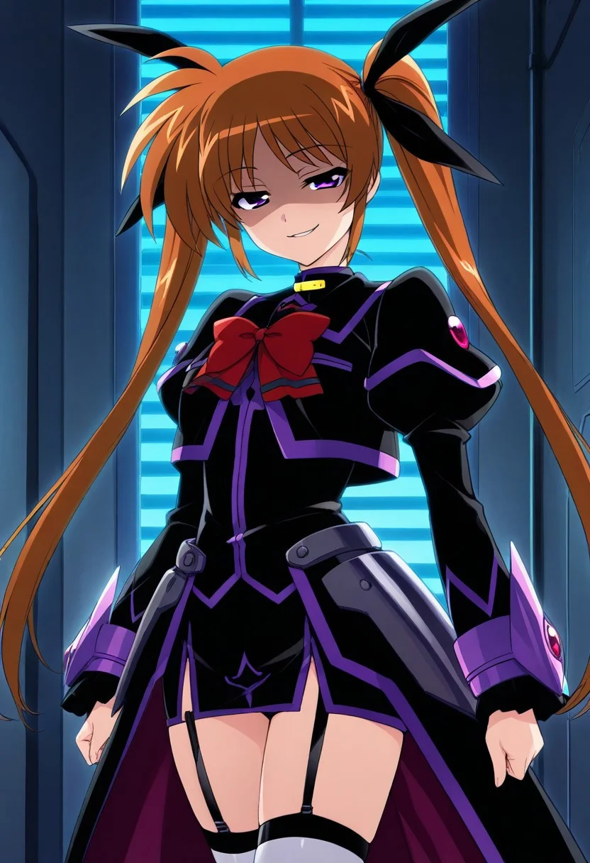masterpiece, score_9, score_8_up, score_7_up, score_6_up, score_5_up, score_4_up, (hyper extreme detailed), (hyper quality), game CG, (colour:1.2),
1girl, solo, nsfw,
c-takamachi, very long hair, twintails, orange hair, hair ribbon, white short dress, red bowtie, juliet sleeves, long sleeves, waist cape, white thighhighs,
(highlight of shaded face), (seductive smile:1.2), (smirk),
nsfw, corruption, waruochi, sex slave, bitch,
standing,
sci-fi, very dark, detailed starship corridor, purple shimmering light, backlight,
long shot, cowboy shot, (side view:1.2), looking at viewer,