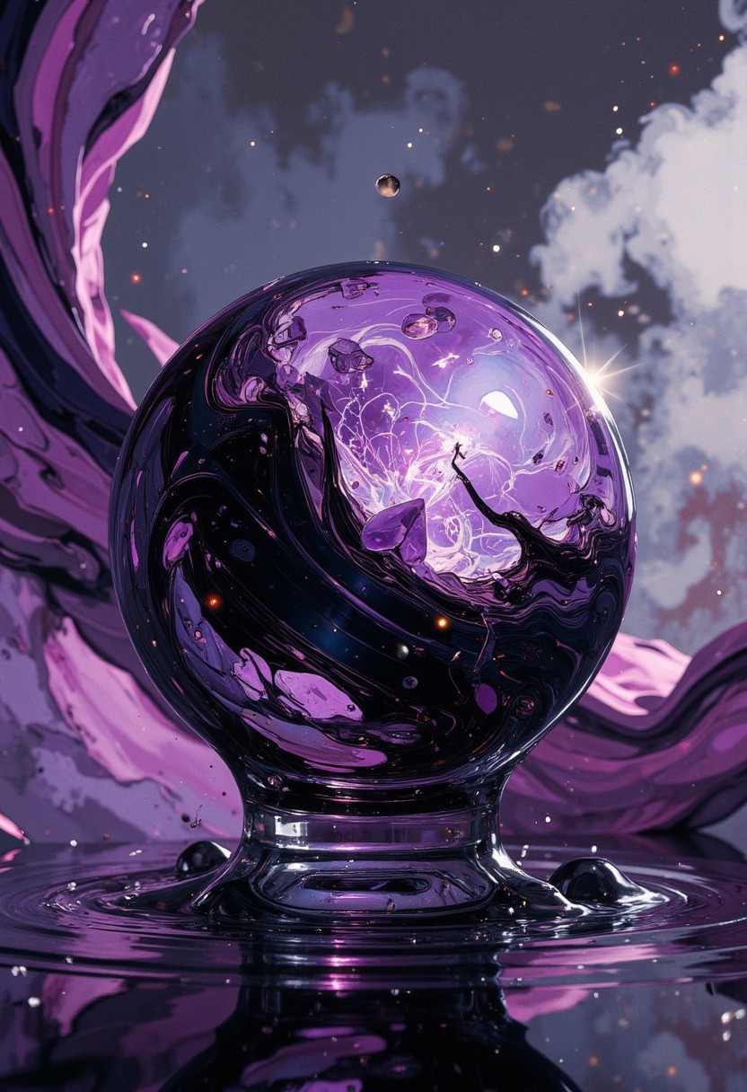 close-up of a glass orb partially submerged in rippling ink-black liquid, inside the orb swirling translucent filaments of violet and white light, suspended tiny crystalline shards slowly rotating, surface of the orb etched with microscopic fractal glyphs, soft reflections of neon circuitry patterns around the edges, scattered droplets frozen mid-air, the background morphing into abstract flowing silk folds of muted purple and carbon grey, gentle mist rising with faint luminescent sparkles, hyper-detailed material rendering, extreme focus on textural contrast between smooth glass, liquid turbulence, and hard-edged crystals, cinematic glow, subtle lens flare on highlights, slow surreal motion.
