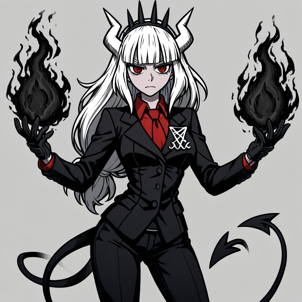 masterpiece, best quality, newest, absurdres, highres, A/BFV1.0, black fire, fire, flame 1girl, lucifer (helltaker), black suit, red necktie, black collared shirt, black gloves, blunt bangs, demon horns, demon girl, demon tail, red eyes, white hair, long hair