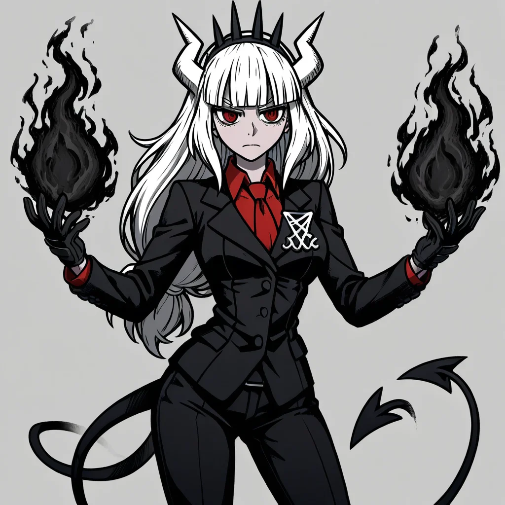 masterpiece, best quality, newest, absurdres, highres, A/BFV1.0, black fire, fire, flame 1girl, lucifer (helltaker), black suit, red necktie, black collared shirt, black gloves, blunt bangs, demon horns, demon girl, demon tail, red eyes, white hair, long hair