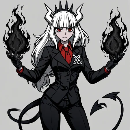 masterpiece, best quality, newest, absurdres, highres, A/BFV1.0, black fire, fire, flame 1girl, lucifer (helltaker), black suit, red necktie, black collared shirt, black gloves, blunt bangs, demon horns, demon girl, demon tail, red eyes, white hair, long hair