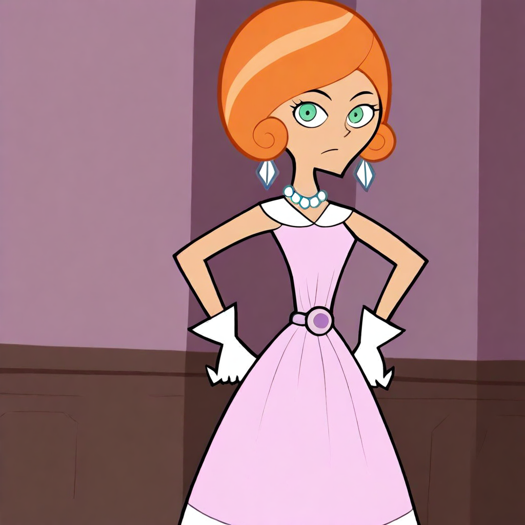 masterpiece, best quality, solo, pam_dp, orange hair, green eyes, earrings, necklace, dress, gloves, hands on hips, looking at viewer
