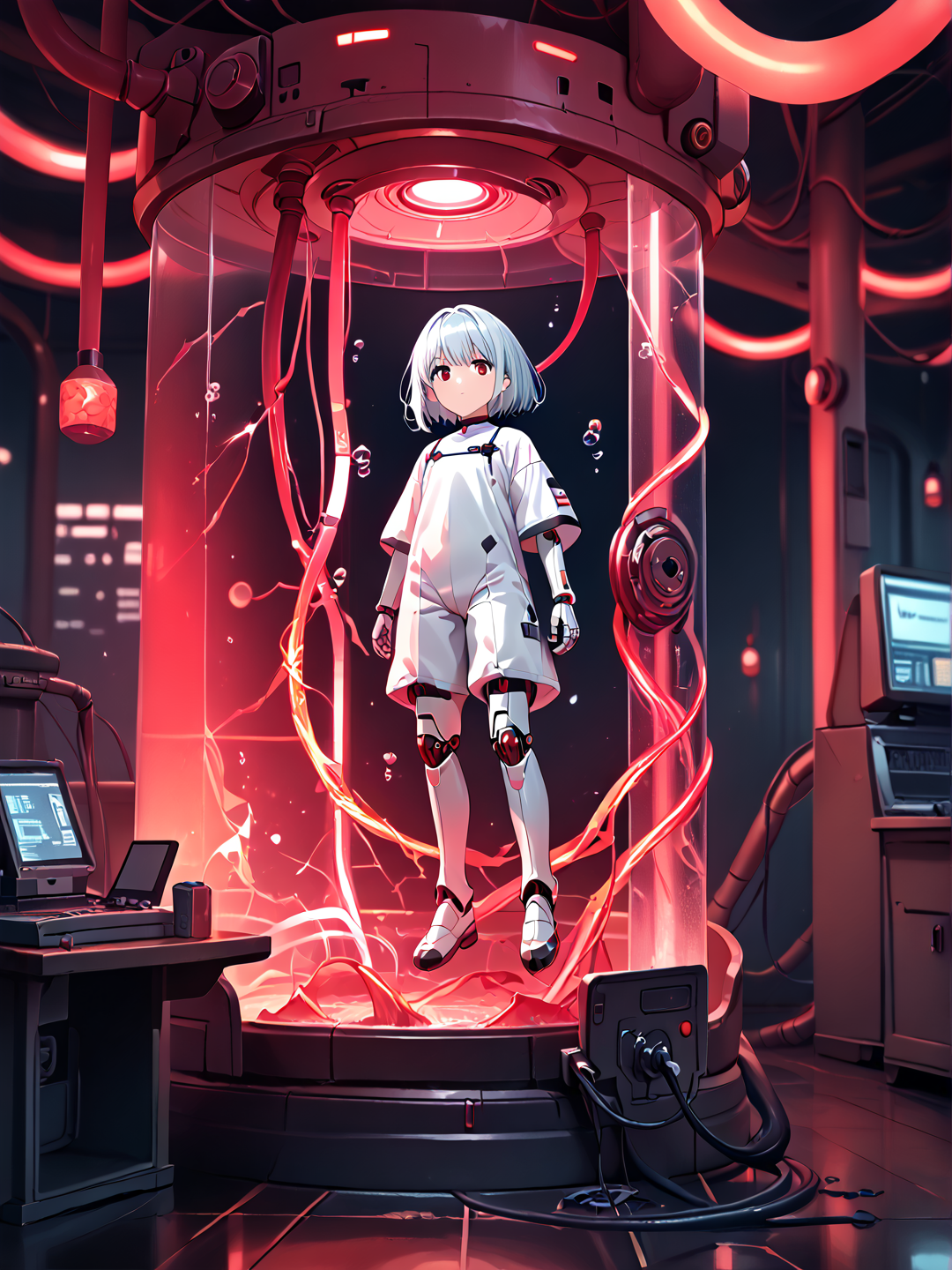 source_anime, score_9, score_8_up, score_7_up, best quality, perfect face, cute face, cute, solo, 1girl, ((white bodysuit)), robot joints, cyborg, mechanical joints, silver hair, shiny, submerged, air bubble, ((stasis tank:1.2)), ((in container:1.2)), ((cracked glass)), indoors, science fiction, ((dark)), ((dark room)), ((red light)), ((emergency light)), multiple emergency lights, ((full body)) <lora:red_light-01:1> <lora:stasis_tank_v0.3-pony:1.2>