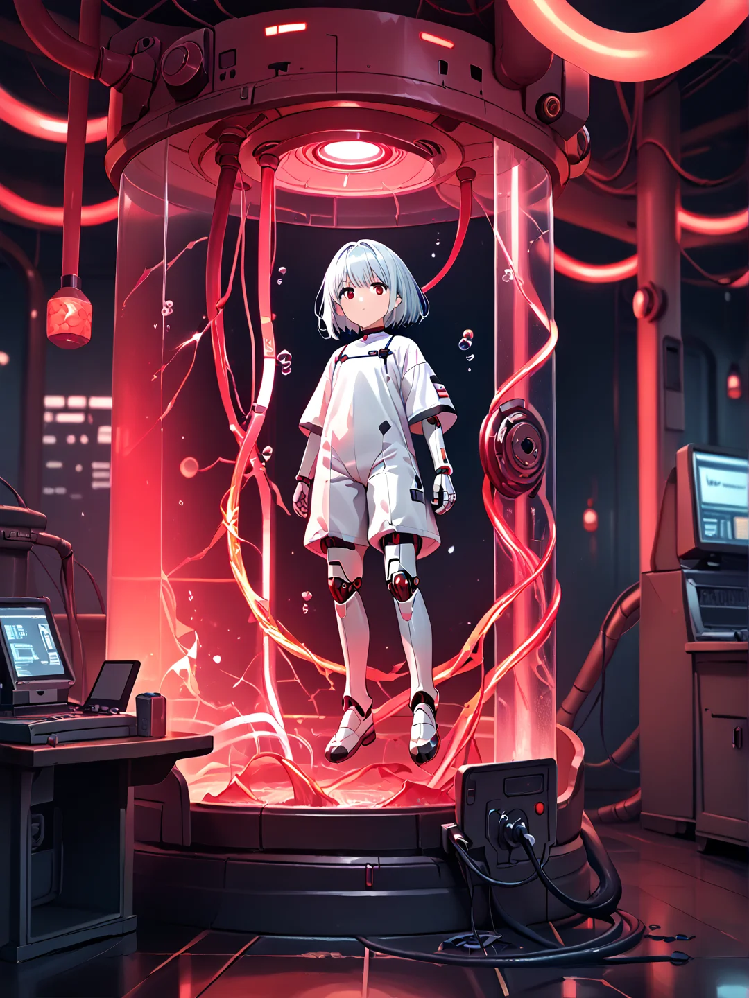source_anime, score_9, score_8_up, score_7_up, best quality, perfect face, cute face, cute, solo, 1girl, ((white bodysuit)), robot joints, cyborg, mechanical joints, silver hair, shiny, submerged, air bubble, ((stasis tank:1.2)), ((in container:1.2)), ((cracked glass)), indoors, science fiction, ((dark)), ((dark room)), ((red light)), ((emergency light)), multiple emergency lights, ((full body)) <lora:red_light-01:1> <lora:stasis_tank_v0.3-pony:1.2>