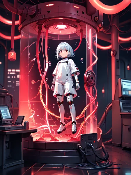 source_anime, score_9, score_8_up, score_7_up, best quality, perfect face, cute face, cute, solo, 1girl, ((white bodysuit)), robot joints, cyborg, mechanical joints, silver hair, shiny, submerged, air bubble, ((stasis tank:1.2)), ((in container:1.2)), ((cracked glass)), indoors, science fiction, ((dark)), ((dark room)), ((red light)), ((emergency light)), multiple emergency lights, ((full body)) <lora:red_light-01:1> <lora:stasis_tank_v0.3-pony:1.2>