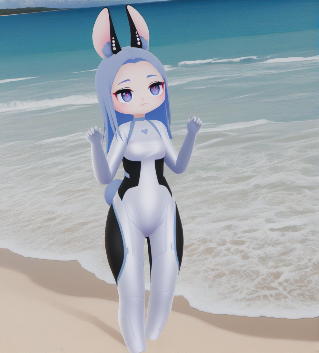 <lora:space_bun-000005:1>,1girl, space bun,blue hair,long hiar,rabbit tail, blue eyes,forehead,short bangs,rabbit ears,flat chest,chibi face,
bodysuit,two-tone bodysuit,white bodysuit, black bodysuit,
beach, ocean, sand, waves,
very awa, masterpiece, best quality, highres, absurdes,amazing quality,very aesthetic,intricate details,scenery,<lora:hand 5.5:1>