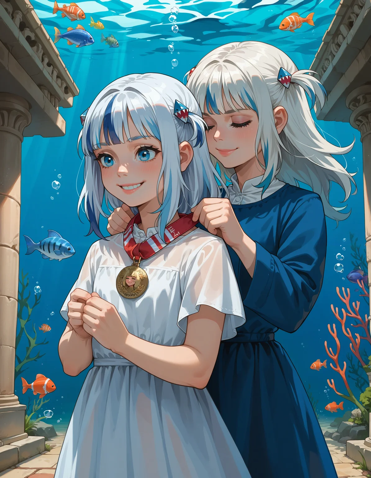 score_9, score_8_up, score_7_up, source_anime,
2girls, awarding medal, dress, behind another, greek temple, underwater, fish,
ADDCOMM
(pitvinm:1.2), white hair, blue hair, streaked hair, hair ornament, smile,
ADDCOL
(pitvinm:1.2), white hair, blue hair, streaked hair, hair ornament, closed eyes, serious
<lora:concept_awarding-behind-rls:1>