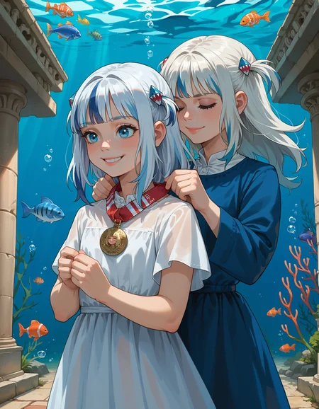 score_9, score_8_up, score_7_up, source_anime,
2girls, awarding medal, dress, behind another, greek temple, underwater, fish,
ADDCOMM
(pitvinm:1.2), white hair, blue hair, streaked hair, hair ornament, smile,
ADDCOL
(pitvinm:1.2), white hair, blue hair, streaked hair, hair ornament, closed eyes, serious
<lora:concept_awarding-behind-rls:1>