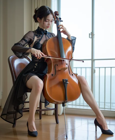 1girl, bodystocking, see-through,, score_9,score_8_up,score_7_up, high heels,
score_9, score_8_up, score_7_up, anime, source_anime, photoshoot ,Expressiveh,
(playing cello, cello,bow \(music\)), sitting,
<lora:cello-pony-000011:0.85>