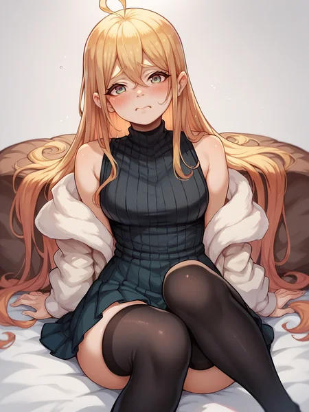 score_9, score_8_up, score_7_up, score_6_up, score_5_up, <lora:m4gXLP:1> m4g, blush, black thighhighs, ahoge, meme, long hair