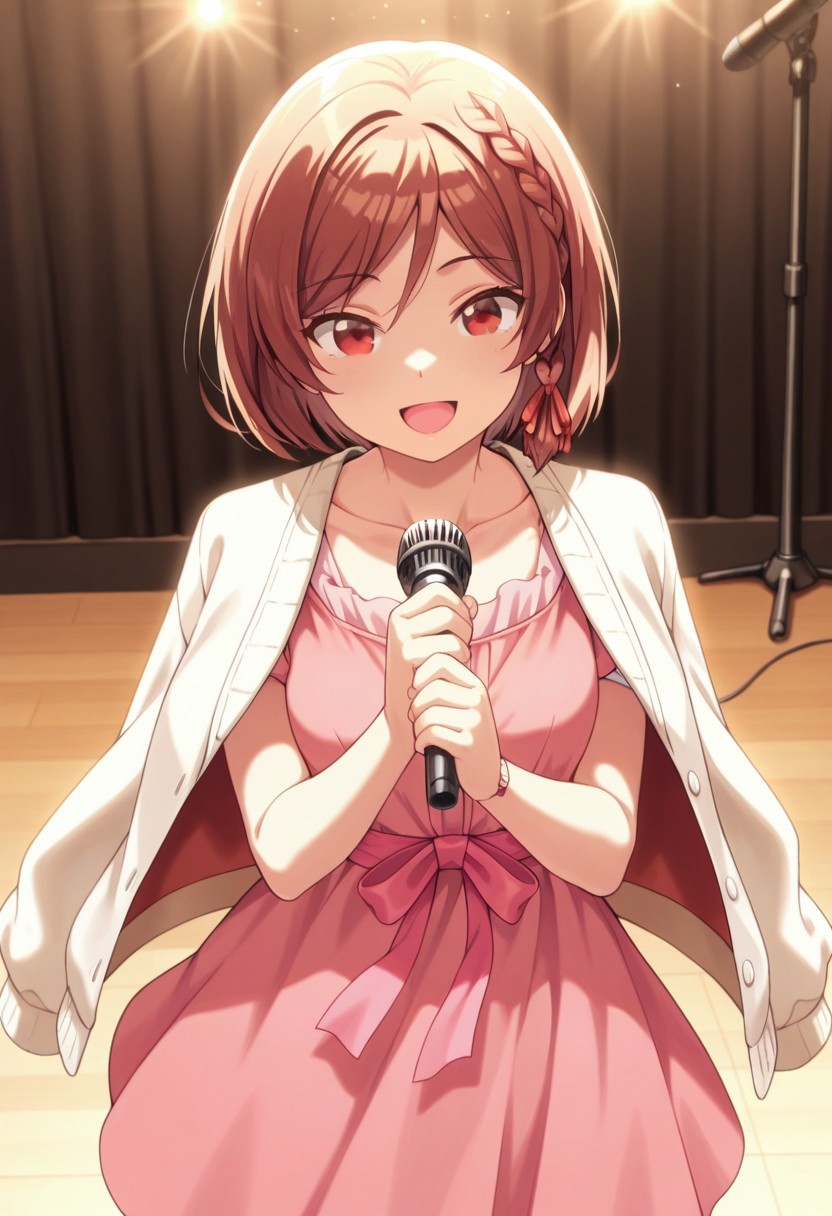 masterpiece,best quality,amazing quality, sakuramori akane, short hair, brown hair, red eyes, 1girl, microphone, braid, solo, dress, pink dress, ribbon, jacket on shoulders, smile, holding, side braid, open mouth, hair ribbon, collarbone