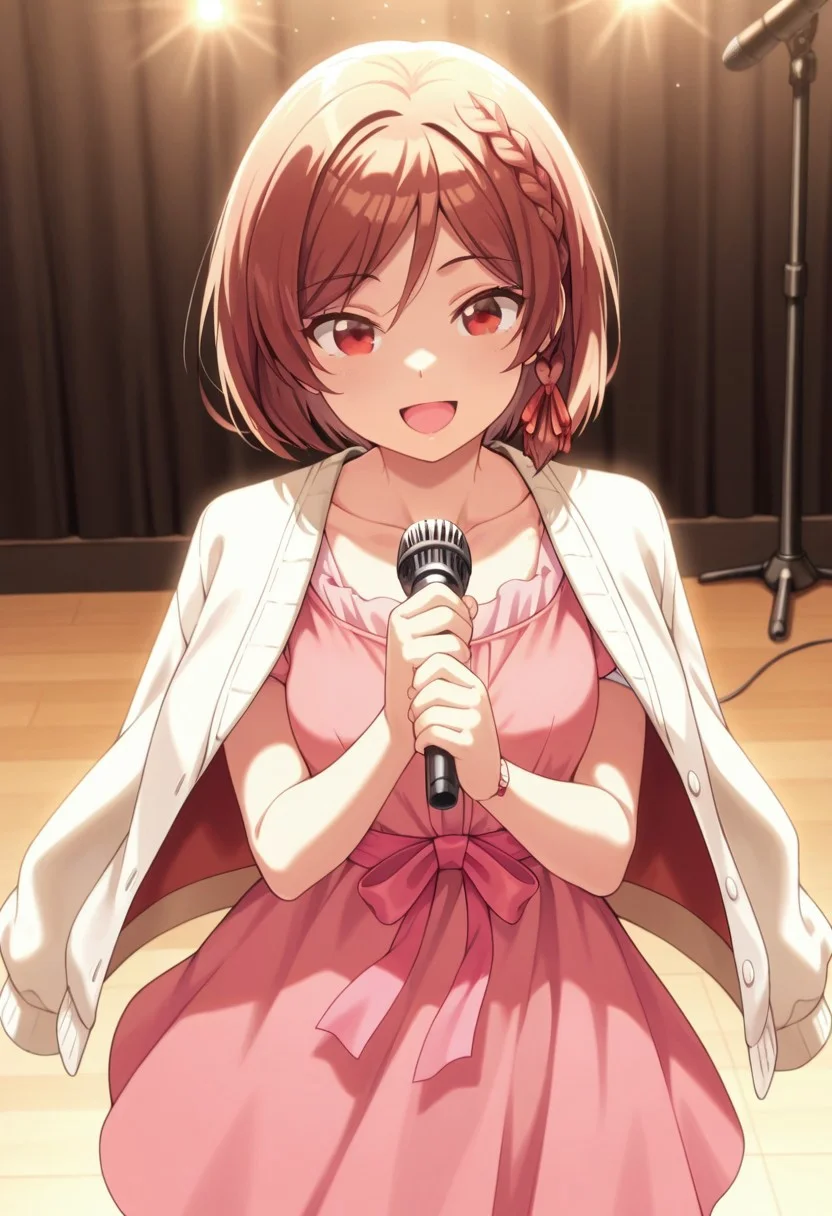 masterpiece,best quality,amazing quality, sakuramori akane, short hair, brown hair, red eyes, 1girl, microphone, braid, solo, dress, pink dress, ribbon, jacket on shoulders, smile, holding, side braid, open mouth, hair ribbon, collarbone