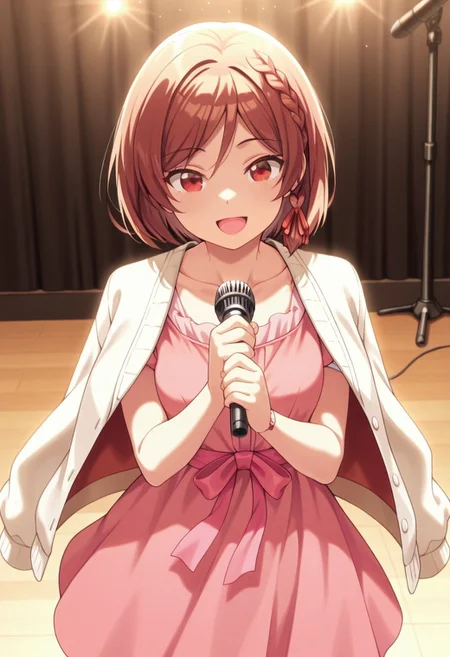 masterpiece,best quality,amazing quality, sakuramori akane, short hair, brown hair, red eyes, 1girl, microphone, braid, solo, dress, pink dress, ribbon, jacket on shoulders, smile, holding, side braid, open mouth, hair ribbon, collarbone