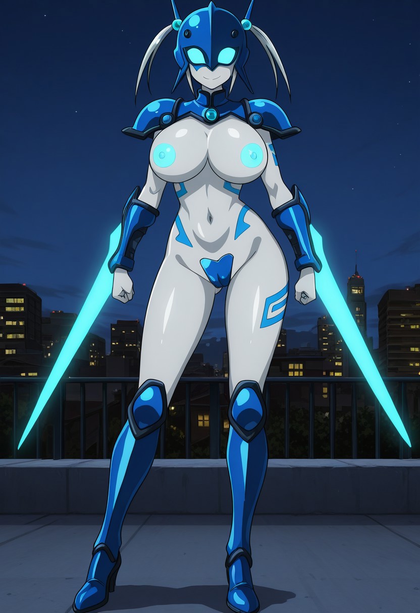 finetuneanime,anime screencap, official art, detailed anime, ultra detailed anime art, anime screencap, screencap, score 9, score 8 up, score 7 up, masterpiece, anime coloring, source anime, 
BREAK
MicroBlueArmor, 1girl, solo, metallic hair, silver hair, short hair, blunt bangs, sidelocks, twintails, hair bobbles, blue eyes, ((no pupils)), blue sclera, glowing eyes, huge breasts, curvy, wide hips, glowing nipples, nipples, navel, colored skin, silver skin, metallic skin, nude, alien, blue body marks, blue breasts marks, blue maebari, cameltoe, shiny skin, smoothy skin, barefoot, heels on feet, helmet, armor, crotch plate, shoulder armor, mask, weapon, arm blade, pauldrons, thigh-high armored boots, high heels,
BREAK
full body shot, standing, contrapposto, hands on hips, seductive smile, sensual pose, smirk, rooftop, city at distance, night, detailed background, Stable_Yogis_PDXL_Positives,