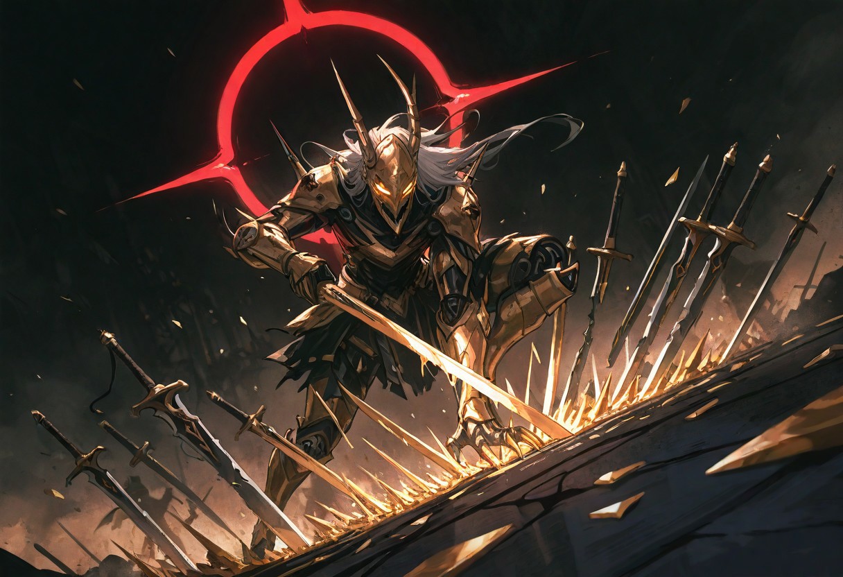 destroyed battlefield background, dynamic angle, dynamic pose, great composition, an epic eclipse, Black and gold, gold, masterpiece, best quality, volumetric lighting, dark background, ,mesmerizing yet terrifying embodiment of destruction, composed entirely of thousands of sharp, gleaming blades. Its form is humanoid but disturbingly fragmented, with every inch of its body made up of swords, daggers, and shards of metal that shift and rearrange with every movement. The blades glisten, catching the light in dazzling, almost hypnotic patterns, while their jagged edges promise devastation to anything—or anyone—that comes too close.
The character’s face is an unsettling mask of angular shards, with hollow, glowing eyes that radiate menace. Each step it takes produces a cacophony of metallic scraping and clinking, as though an army of swords is marching at once. Its limbs move with fluid precision, the blades adjusting seamlessly to create claws, spears, or shields depending on its intent. This being is both a weapon and a warrior, a relentless storm of cutting steel that embodies chaos and carnage, leaving nothing but destruction in its wake.