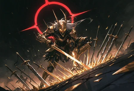 destroyed battlefield background, dynamic angle, dynamic pose, great composition, an epic eclipse, Black and gold, gold, masterpiece, best quality, volumetric lighting, dark background, ,mesmerizing yet terrifying embodiment of destruction, composed entirely of thousands of sharp, gleaming blades. Its form is humanoid but disturbingly fragmented, with every inch of its body made up of swords, daggers, and shards of metal that shift and rearrange with every movement. The blades glisten, catching the light in dazzling, almost hypnotic patterns, while their jagged edges promise devastation to anything—or anyone—that comes too close.
The character’s face is an unsettling mask of angular shards, with hollow, glowing eyes that radiate menace. Each step it takes produces a cacophony of metallic scraping and clinking, as though an army of swords is marching at once. Its limbs move with fluid precision, the blades adjusting seamlessly to create claws, spears, or shields depending on its intent. This being is both a weapon and a warrior, a relentless storm of cutting steel that embodies chaos and carnage, leaving nothing but destruction in its wake.