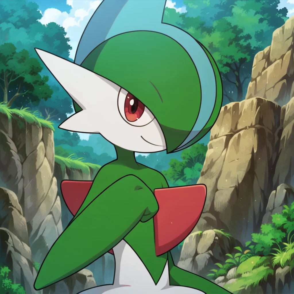 best quality, hires, highly detailed, score_7_up, score_8_up, score_9_up, <lora:Gallade-14:0.85>, gallade, 1boy, male, solo, feral, bust portrait, narrowed eyes, red eyes, smile, raised fist, white body, green body, detailed background, outdoors