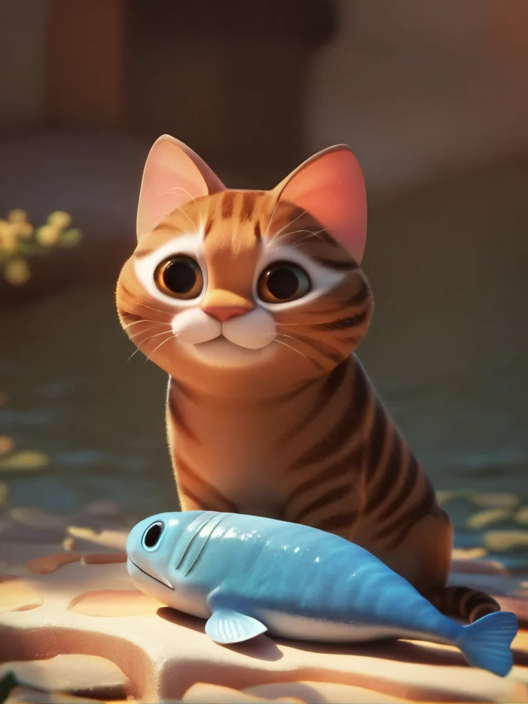 score_9, score_8_up, score_7_up, score_6_up, cat sitting near to a fish, cute, cartoon, cowboy shot, dynamic angle, no humans, animal,
<lora:DisneyStudios_style:1> DisneyStyleXLP