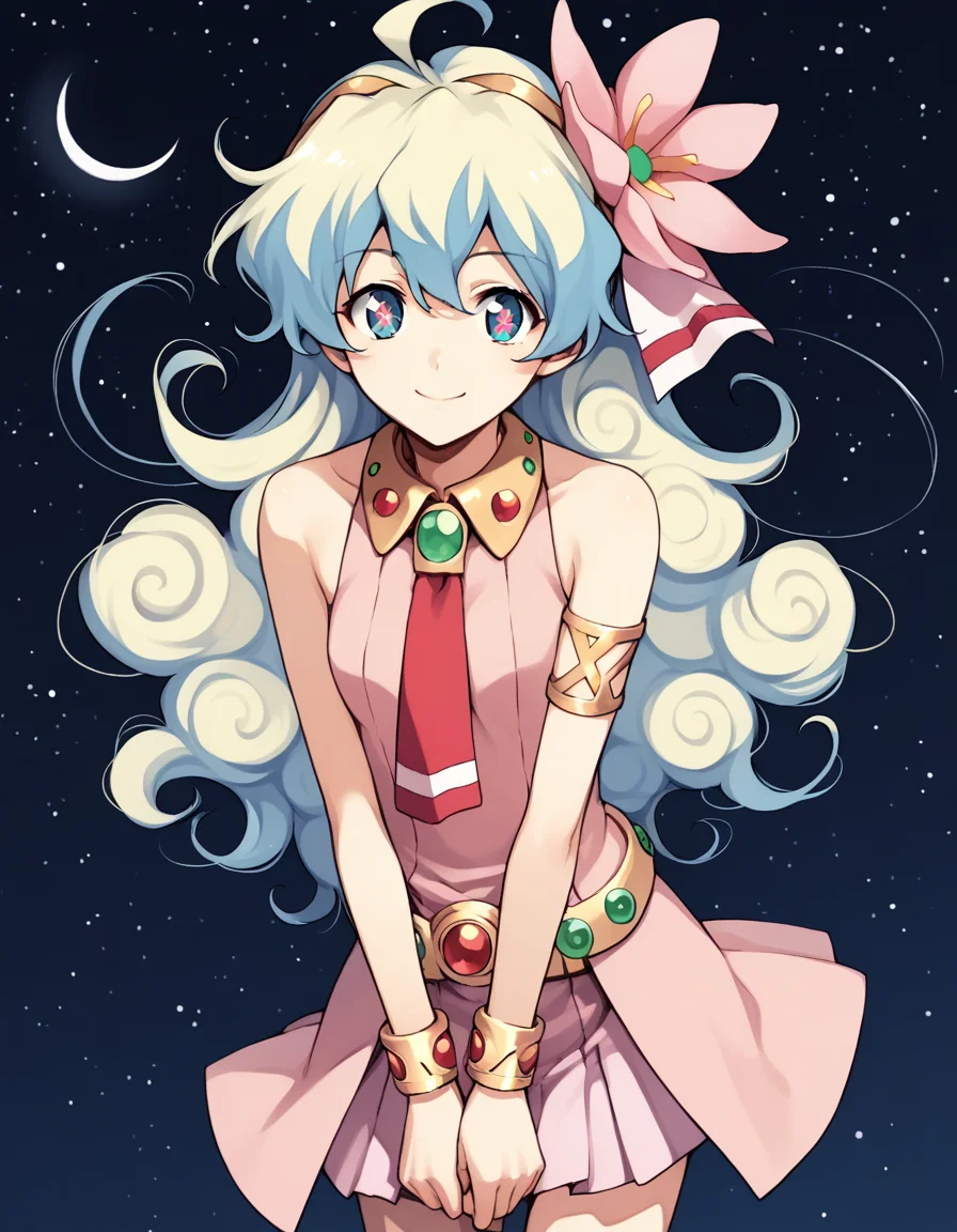 score_9, score_8_up, score_7_up, source_anime,
niateppelin, <lora:nia-teppelin-ponyxl-lora-nochekaiser:1>,
nia teppelin, cross-shaped pupils, hair flower, hair ornament, long hair, multicolored hair, simple background, symbol-shaped pupils, two-tone hair, ahoge, curly hair,
armlet, bracelet, dress, pink skirt, skirt, sleeveless,
outdoors, space, starry sky, moon, bent over, smile,
looking at viewer, solo, cowboy shot, dutch angle,
