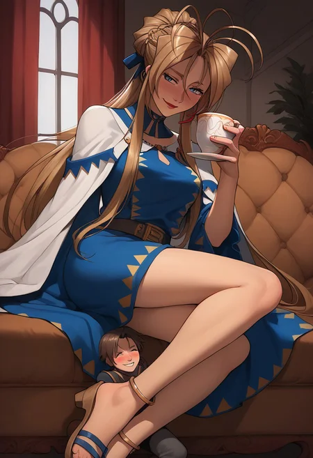 score_9, score_8_up, score_7_up, medieval couch, sexy face, Belldandy, skimpy clothing, sandals, sexy, long hair, smirk, blue eyes, red lipstick, nose blush, medium breasts, (sipping tea), (teacup) ((giantess)), toned legs, sitting on boy,
1boy, ((very small size)),
((size difference)), bright